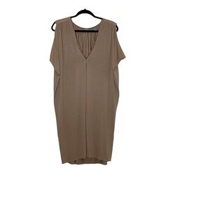 LIGHT brown shift dress with cold shoulders. Short sleeves.V neck. 100% Tencel
